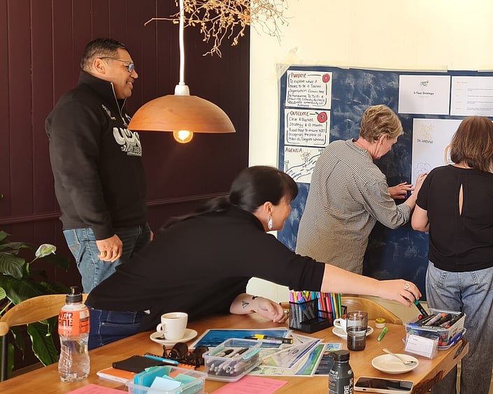 People adding notes to a workshop wall display, with pens and materials spread across a table in a collaborative planning session.