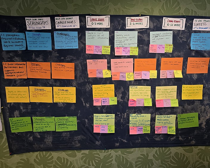 Large workshop board with colourful notes organised by strengths, challenges and short, mid and long-term planning timeframes.