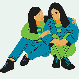 Illustration of two woman sitting together with arms around each other