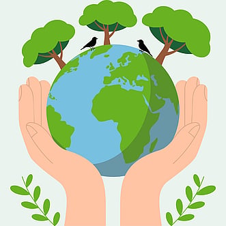 Illustration of hands holding globe with trees 