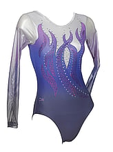 Long Sleeve Gymnastics Leotard with Silver sequin spiral flames and colour fade of Purple and Silver 