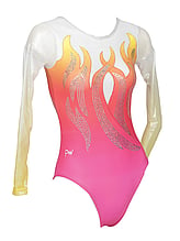Long Sleeve Gymnastics Leotard with Silver sequin spiral flames and colour fade of Pink/Orange/Yellow and White 