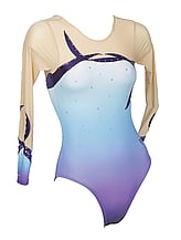 Long sleeve Gymnastics Leotard with coloured cream on sleeves and around neck with faded colours of Blue and Purple on bottom Periwinkle and Curl curve with Silver sequin dots 