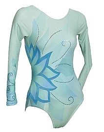 Long Sleeve Gymnastics Leotard with flower Silver sequin spiral and a colour fade of Light Blue and Green