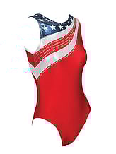 Sleeveless Gymnastics Leotard in red with American flag pattern  