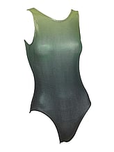 Sleeveless Gymnastics Leotard with colour fade from lime green to dark green with metallic fabric 