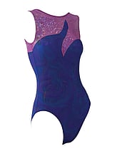Sleeveless Gymnastics Leotard in sparkly purple and navy blue with wave pattern