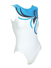 Sleeveless Gymnastics Leotard in white and blue with black and blue curvy line pattern