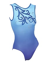 Sleeveless Gymnastics Leotard in sky blue and ocean blue  with dark blue swirl pattern 