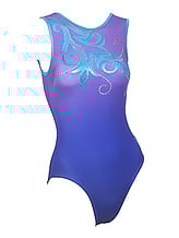 Sleeveless Gymnastics Leotard in purple with blue swirl pattern 
