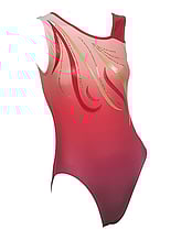 Sleeveless Gymnastics Leotard in red with gold and red swirl pattern 