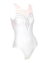 Sleeveless Gymnastics Leotard in white with silver curvy line pattern  