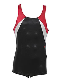 Men's and Boys Unitards Gymnastics in Black with the Shoulder straps in Red and sides in White 
