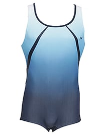 Men's and Boys Unitards Gymnastics in Blue with Neck outlined in Darker Blue and below with Stripe on sides of Chest and armpits 