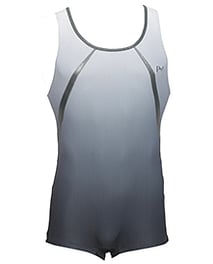 Men's and Boys Unitards Gymnastics in Gunmetal with Neck outlined in Darker Gunmetal and below with Stripe on sides of Chest and armpits 
