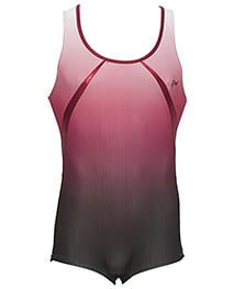 Men's and Boys Unitards Gymnastics in Red with Neck outlined in Darker Red and below with Stripe on sides of Chest and armpits 