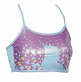 Spaghetti Strap Croptop Singlet Gymnastics with a Unicorn and Stars sprinkles in blue and yellow and background in Purple