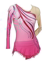 Rhythmic, Ice Skating or Roller blading Long Sleeve Leotard dress in Raspberry with curls and silver sequin details with the left sleeve in Cream