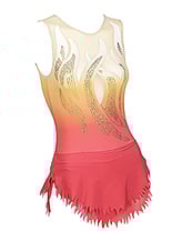 Sleeveless Rhythmic, Ice Skating or Roller blading Leotard dress with flames and silver sequin details in orange colour fading to white