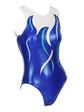 Sleeveless Gymnastics Leotard in white and red with flame and swirl pattern 