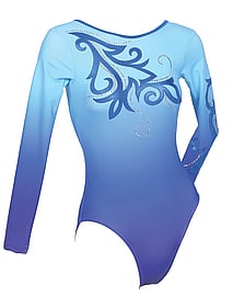Long Sleeve Gymnastics Leotard with the colour fade of Aqua breeze and Sky Blue Spiral on Chest and Silver sequin spiral around and on the bottom of left sleeve 