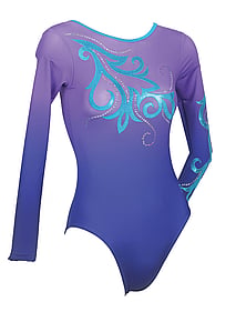 Long Sleeve Gymnastics Leotard with Sapphire Spiral on Chest with Silver sequin spiral around and on the bottom of left sleeve 