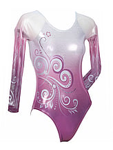 Long sleeve Gymnastics leotard with curl spirals on sleeves and faded colours of Raspberry and white