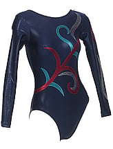 Long sleeve Gymnastics Leotard with a scoop neck in Black and Red, Turquoise and Silver drawn plant 