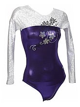 Long sleeve Gymnastics Leotard with full White on sleeves and around top neck with the bottom half covered in Purple and on top left shoulder and chest is Silver flowers and spirals 