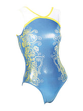 Sleeveless Gymnastics Leotard in yellow blue and white  with swirl pattern 