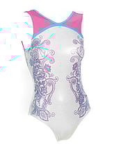 Sleeveless Gymnastics Leotard in pink white and blue with pink swirl pattern 