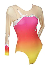 Long sleeve Gymnastics Leotard with coloured cream on sleeves and around neck with faded colours of Pink, Orange,  and Yellow on Leotard in Bright and Curl curve with Silver sequin dots