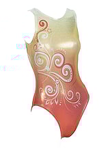 Sleeveless Gymnastics Leotard with colour fade from yellow to orange with white and orange swirl pattern 