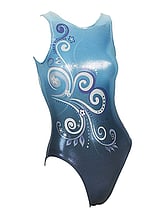 Sleeveless Gymnastics Leotard with colour fade from sky blue to dark blue with white and blue swirl pattern 