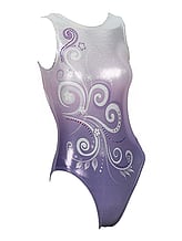 Sleeveless Gymnastics Leotard with colour fade from white to purple with white and purple swirl pattern 