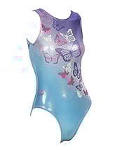 Sleeveless Gymnastics Leotard with butterfly pattern on front in purple, silver, blue, pink and white metallic fabric