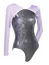 Sleeveless Gymnastics Leotard in Purple with upper right side in sequin and left in soft material with Silver sequin dots in detail