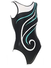 Sleeveless Gymnastics Leotard with a curl swirl in White and Teal with Black background 