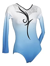 Long Sleeve Gymnastics Leotard with colour fade of Blue and White and a Black spiral on middle and crystal around neck 