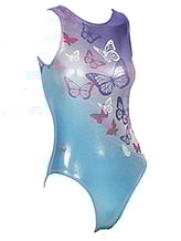Sleeveless Gymnastics Leotard with butterfly pattern on front in purple, silver, blue, pink and white metallic fabric