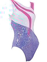 Sleeveless Gymnastics Leotard in pink white and purple with swirl pattern