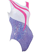 Sleeveless Gymnastics Leotard in pink white and purple with swirl pattern