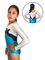 Long Sleeve Gymnastics Leotard in White Silver with Turquoise and Navy Blue and details