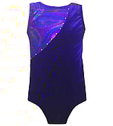 Sleeveless Gymnastics Leotard in Purple with upper right side in sequin and left in soft material with Silver sequin dots in detail