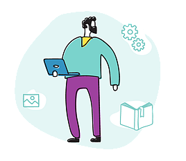 Underwing: Illustration of a male holding a latptop open, mid conversation.  Underwing software can help your ECE centre