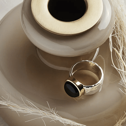 Najo silver and gold plated ring with onyx stone.ti Coast