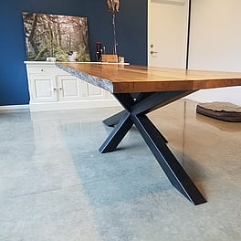 Hand built table top with designer steel base.
