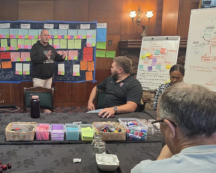 Facilitator presenting to a group with whiteboards and sticky notes during a strategy workshop.