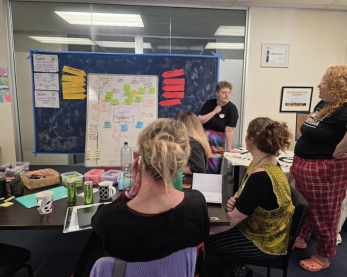 Facilitator presenting to a small group seated around a table during a workshop.