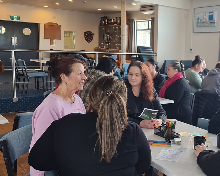 Small group in a workshop discussing ideas at a table, with notes, pens and drinks spread out in a community room.